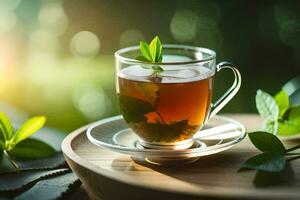 a cup of tea with mint leaves on a wooden table. AI-Generated photo