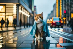 a cat wearing a cape on a rainy night. AI-Generated photo