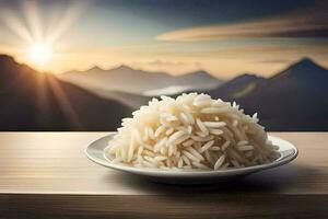 arroz en un plato en un mesa con montañas en el antecedentes. generado por ai foto