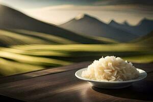 un cuenco de arroz en un mesa en frente de montañas. generado por ai foto