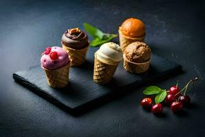 ice cream in cones on a black background. AI-Generated photo