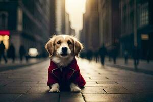 a dog wearing a red coat sits on the street. AI-Generated photo