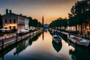 boats are docked in a canal at sunset. AI-Generated photo