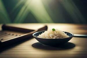 a bowl of rice sits on a table with a wooden spoon. AI-Generated photo