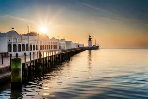 the sun rises over a pier and a lighthouse. AI-Generated photo