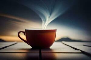 a cup of coffee on a table with smoke coming out of it. AI-Generated photo