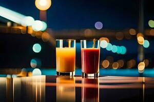 two glasses of orange juice on a table in front of a city skyline. AI-Generated photo