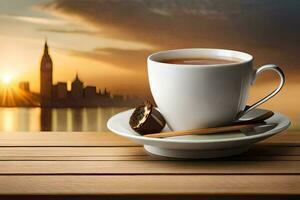 a cup of tea on a wooden table with a city in the background. AI-Generated photo