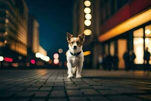 a dog standing on a brick road at night. AI-Generated photo