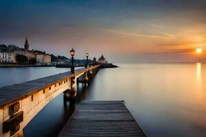 a pier with a wooden bridge over the water at sunset. AI-Generated photo