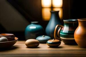 a table with several vases and bowls. AI-Generated photo