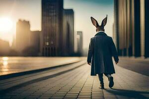 un Conejo vistiendo un Saco y caminando abajo un calle. generado por ai foto