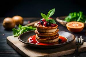 pancakes with berries and syrup on a plate. AI-Generated photo