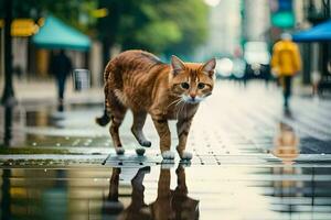 a cat walking on a wet street in the rain. AI-Generated photo