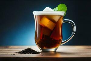 un vaso de té con hielo y menta hojas. generado por ai foto