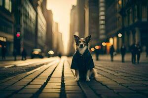 a dog in a coat standing on a street. AI-Generated photo