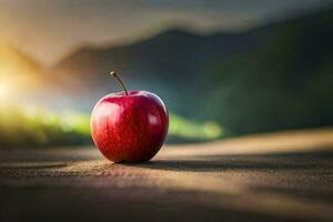 un manzana se sienta en el suelo en frente de un puesta de sol. generado por ai foto