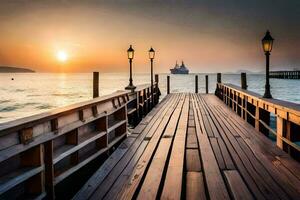 a wooden pier with a ship at sunset. AI-Generated photo