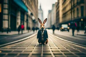 a rabbit wearing a suit and tie on a city street. AI-Generated photo