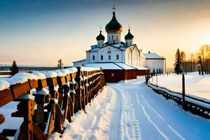 a church in the snow with a wooden bridge. AI-Generated photo