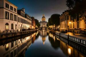 un canal en el medio de un ciudad a noche. generado por ai foto