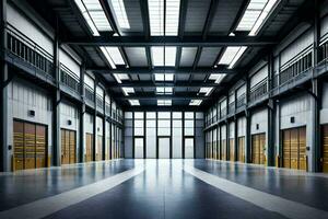 an empty warehouse with doors and windows. AI-Generated photo