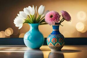 two vases with flowers in them on a table. AI-Generated photo