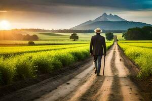 a man in a hat walks down a dirt road in front of a field. AI-Generated photo