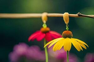 two yellow flowers hanging from a wire. AI-Generated photo