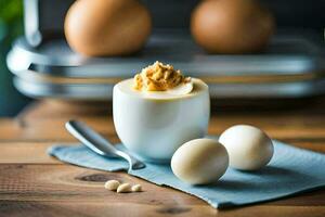 eggs in a cup with peanut butter on top. AI-Generated photo