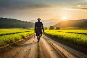 a man in a suit walks down a dirt road in a field. AI-Generated photo