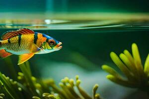 a fish swimming in an aquarium with green plants. AI-Generated photo
