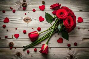 red roses on a wooden background with hearts. AI-Generated photo
