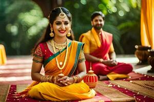 a beautiful indian bride and groom sitting on the ground. AI-Generated photo