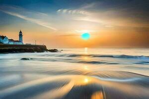 a lighthouse is seen in the distance at sunset. AI-Generated photo