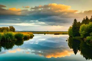 un río con nubes reflejando en él. generado por ai foto