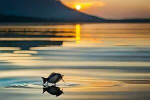 un pescado es en pie en el agua a puesta de sol. generado por ai foto