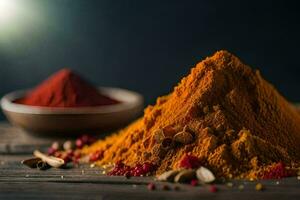 a pile of spices and spices on a wooden table. AI-Generated photo
