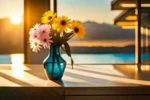 sunflowers in a vase on a table in front of a window. AI-Generated photo