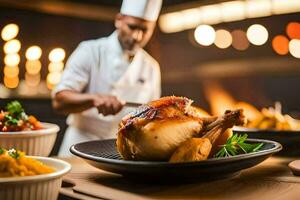 a chef preparing a roast chicken in a restaurant. AI-Generated photo