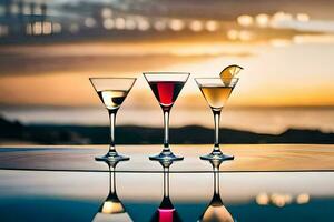 three glasses of wine on a table with the sun setting behind them. AI-Generated photo