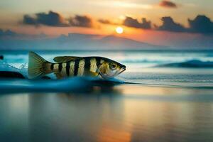 un pescado es nadando en el Oceano a puesta de sol. generado por ai foto