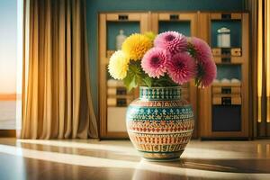 a vase with colorful flowers sitting on a table. AI-Generated photo