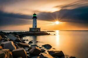 a lighthouse is shown in the sunset with rocks and water. AI-Generated photo