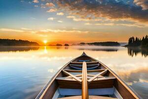 a canoe is floating on the calm water at sunset. AI-Generated photo