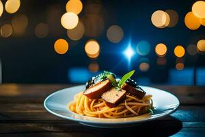 a plate of spaghetti with meat and sauce on a wooden table. AI-Generated photo