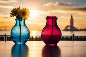 two vases with sunflowers sitting on a table in front of a sunset. AI-Generated photo