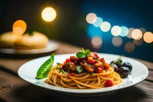 espaguetis con tomate salsa y vegetales en un lámina. generado por ai foto