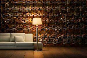 a living room with a wall made of wooden cubes. AI-Generated photo