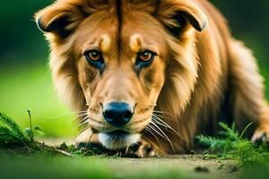 a lion is laying on the ground in the grass. AI-Generated photo